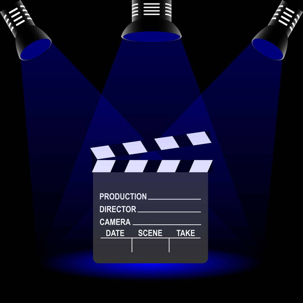 Clapperboard používaný při filmování s textem a třemi reflektory - Vektor, obrázek