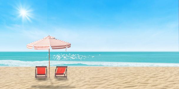 夏の休暇と休日の旅行のコンセプト:背景に海と青空の美しい景色を望む砂浜のビーチチェアと傘. - 写真・画像