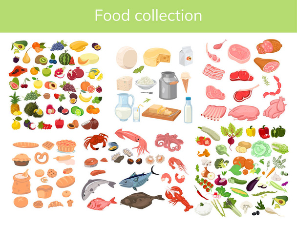 Colección de alimentos aislados sobre un fondo blanco. Imagen vectorial
 - Vector, imagen