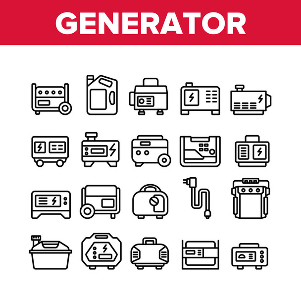 Kannettava generaattori kokoelma kuvakkeet asettaa vektori. Generaattori laitteet tuottaa sähköä, polttoaine pullo paketti ja sähköjohto Concept lineaarinen kuvamerkkejä. Yksivärinen ääriviivat kuvat - Vektori, kuva