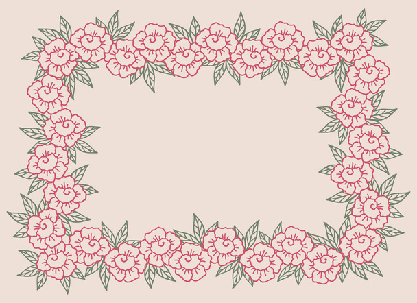 Hintergrund mit Blumenrahmen aus abstrakten rosa Rosen mit Blättern auf beigem Hintergrund. Design-Vorlage für Urlaubsgrußkarte oder Banner - Vektor, Bild