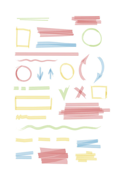 Markers set. The wavy and round colored lines highlighter thin and thick arrows even circular underline and curved trace, drawn square rectangle. Marker stroke vector style. - Vektor, obrázek