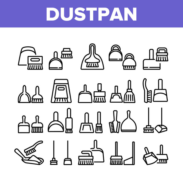 Dustpan and Brush Tool Collection Icons Set Vector. Пыльца и метла для чистки пылевого оборудования, подметание уборщика домашнего хозяйства концепция линейных пиктограмм. Монохромный контур - Вектор,изображение