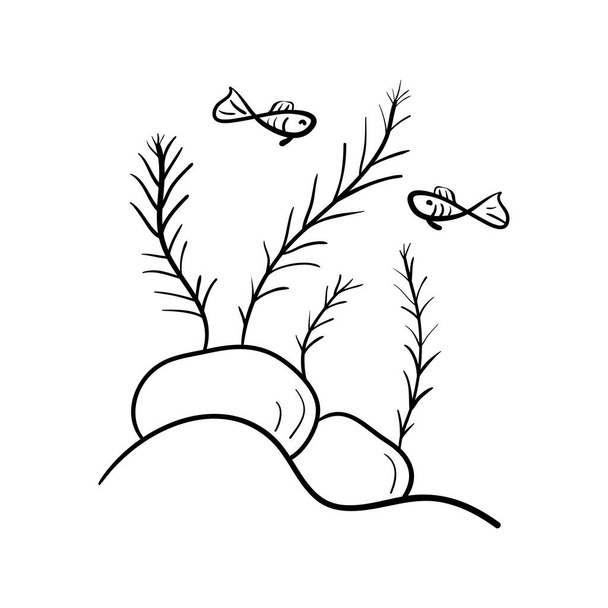 Plantas de agua, algas y peces pequeños. Icono de una línea dibujada, ilustración vectorial de una plantilla de logotipo. Cuidado del acuario. Negro sobre blanco
 . - Vector, imagen