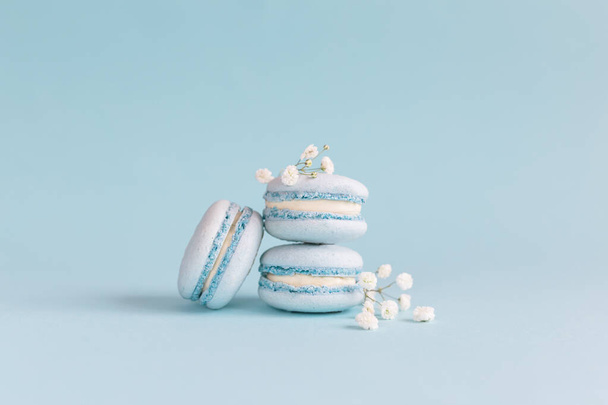 Tasty french macaroons with small white flowers on a blue pastel background.  Place for text. - Foto, imagen