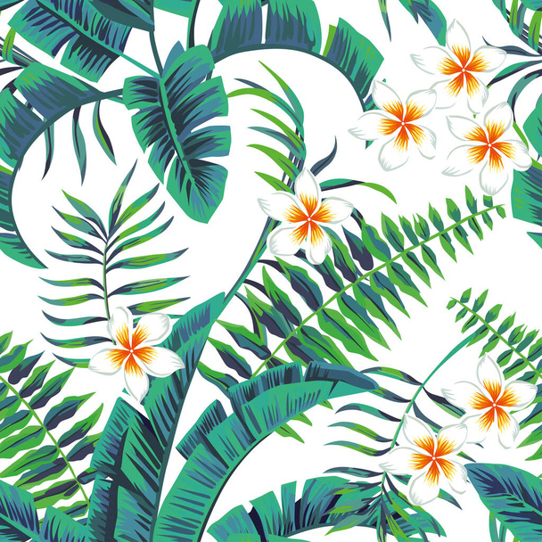Tropic summer painting seamless vector pattern with palm banana leaf and plants. Floral background jungle plumeria flowers. Trendy bunch exotic floral wallpaper. - Vektor, obrázek