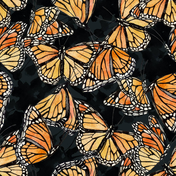 Όμορφες ιπτάμενες πεταλούδες σε μαύρο φόντο κηλίδες μελάνι. Χειροποίητη πεταλούδα και αφηρημένα σχήματα χωρίς ραφή μοτίβο. Υδατογραφία έντομα εικονογράφηση για ταπετσαρία, ύφασμα, ύφασμα σχεδιασμό - Φωτογραφία, εικόνα