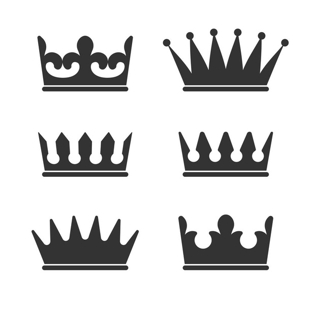 Коронки графический набор значков. Различные знаки короны изолированы на белом фоне. Королевские символы. Векторная иллюстрация
 - Вектор,изображение