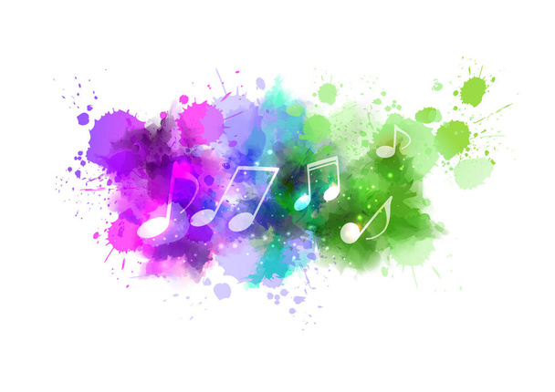 Music notes on colorful abstract watercolor background. Purple, green and blue colored grunge painted splash - Wektor, obraz