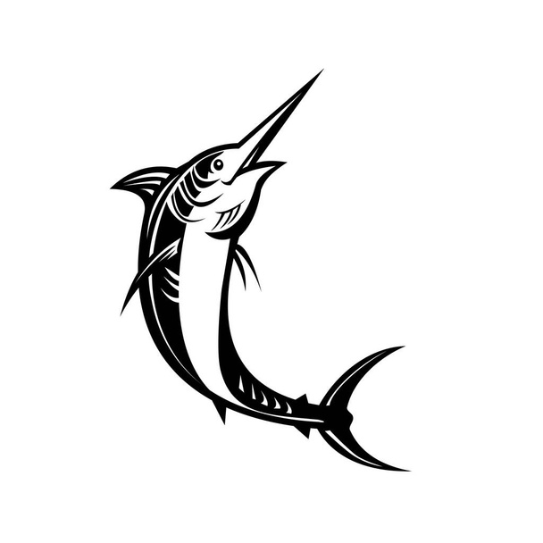 Ilustración de estilo de corte en madera retro de un marlin azul atlántico saltando, un pez billar o un pez vela sobre un fondo aislado
. - Vector, imagen