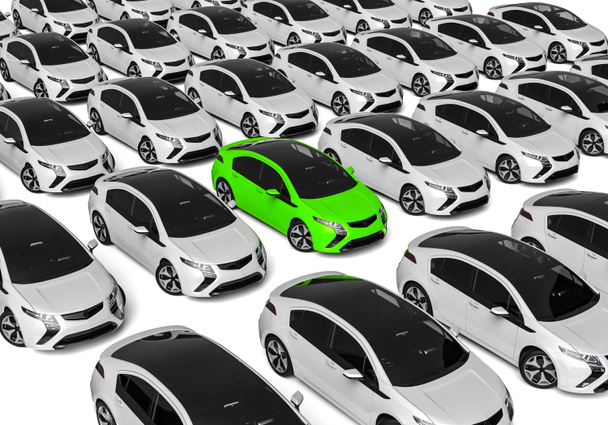3D-Renderbild, das eine Flotte von Autos mit einem grünen in der Mitte darstellt / Einzigartiges Auto  - Foto, Bild