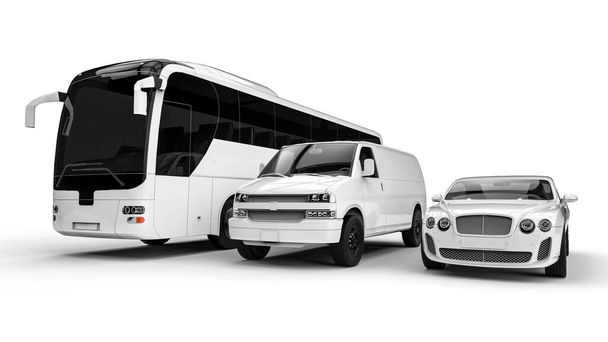 3D-Renderbild einer weiß lackierten Luxusautoflotte / weiß lackierter Luxus-Transport - Foto, Bild