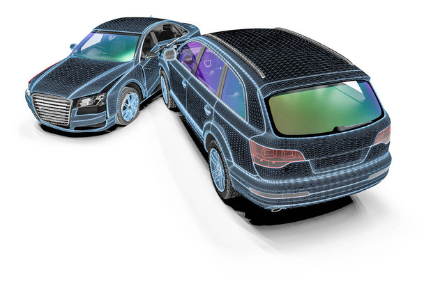 3D render image representing an car accident in wire frame  - Photo, Image