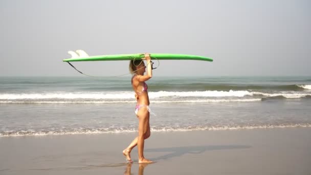 Una bella donna in bikini cammina lungo la spiaggia contro il mare con una tavola da surf
 - Filmati, video