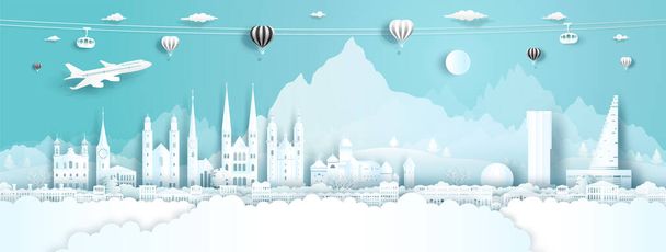 Travel panorama to switzerland top world famous palace and castle architecture. Tour zurich, geneva, lucerne, interlaken, landmark of europe with paper cut. Business brochure design for advertising. - Vector, Image
