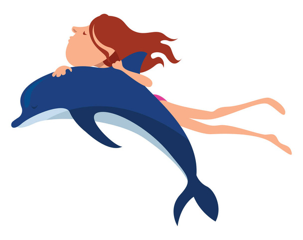 Girl swiming with dolphin , illustration, vector on white background - Вектор,изображение
