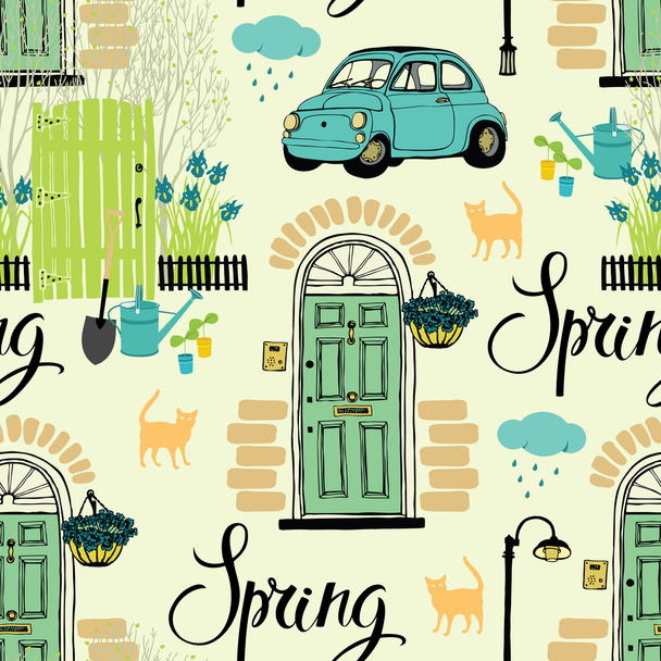 Spring garden and blooming irises, cats and cars. Calligraphy - Διάνυσμα, εικόνα