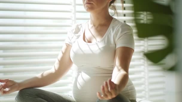 Hamile kadının güneşte meditasyon yaptığı videoyu kaldır. 8K 'da kırmızı helyum kamerayla çekildi.   - Video, Çekim