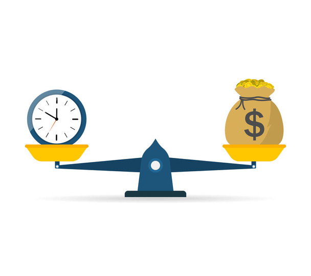 Balance scale of money and time. Icon of compare weight. Comparison of price and work. Value equity. Economy in life without debt. Salary and investment in dollar. Business and finance concept. Vector - Vector, Image