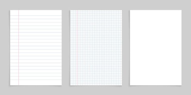 Paper notebook for note. White sheet with lines and grid for school. Blank pages isolated on gray background. Letter for office, college. Realistic template for message. Notepad for memo. Vector. - Vector, Image