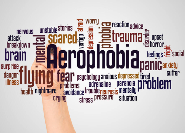 Aerophobia fear of flying  word cloud and hand with marker concept  on white background. - Photo, Image