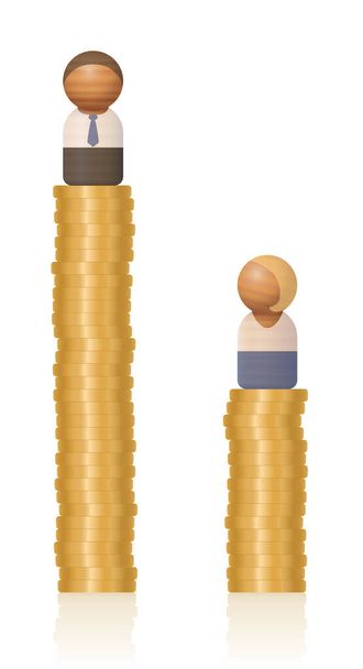 Różnice w dochodach, porównanie bogatych mężczyzn i biednych kobiet stojących na wysokiej i niskiej wieży pieniędzy. Symbol różnych zarobków, nieuczciwych płatności, nierówności, dyskryminacji ze względu na płeć. - Wektor, obraz
