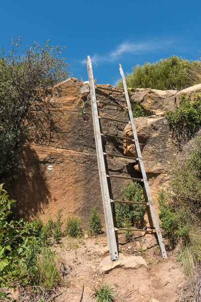 A steel ladder on the Eland Hiking Trail at Eingedi near Ladybrand. An eland spoor trail marker and a skull are visible - Photo, Image