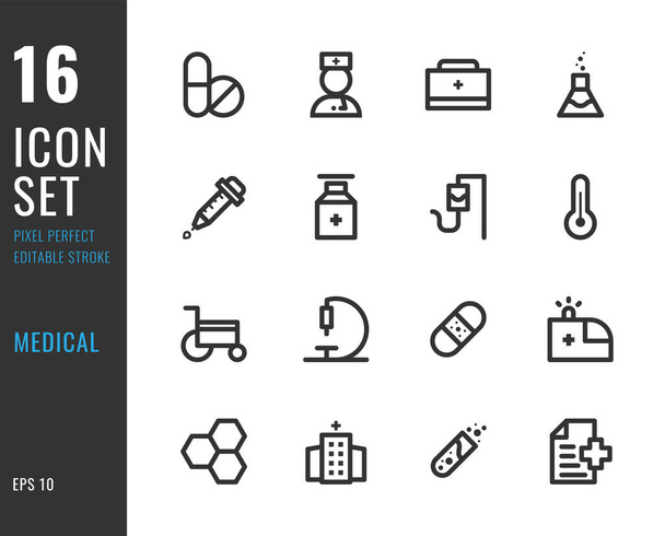 Set of 16 icons medical thin line style. Editable stroke. Pixel Perfect. Vector illustration - Vector, Image