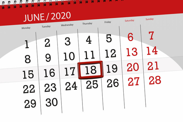 Planer kalendarza na miesiąc czerwiec 2020, termin składania ofert, 18, czwartek. - Zdjęcie, obraz