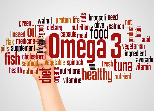 Omega 3 word cloud and hand with marker concept on white background.  - Photo, Image