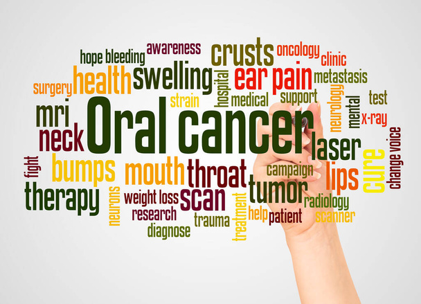 Oral cancer word cloud and hand with marker concept on white background.  - Photo, Image