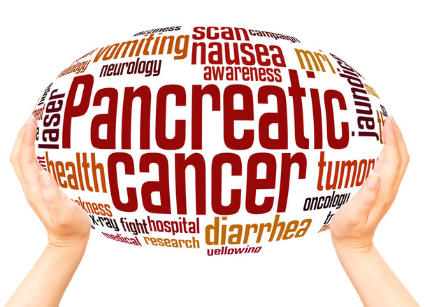 Cancro al pancreas parola mano sfera nube concetto su sfondo bianco
.  - Foto, immagini