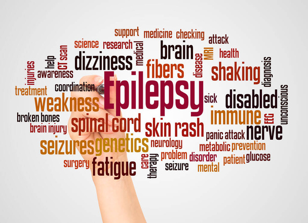 Epilepsie woord wolk en hand met marker concep op witte achtergrond - Foto, afbeelding