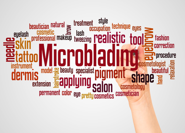 Nube y mano de la palabra de Microblading con el concepto del marcador en fondo blanco
. - Foto, imagen