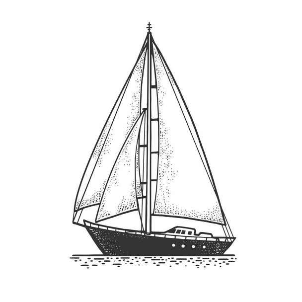 sailing yacht boat sketch engraving vector illustration. T-shirt apparel print design. Scratch board imitation. Black and white hand drawn image. - Вектор,изображение