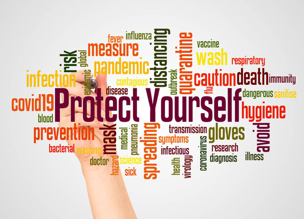 Protect yourself word cloud and hand with marker concept on white background. - Photo, Image