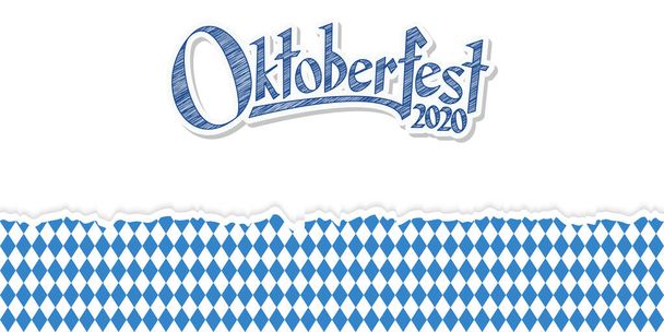 Fondo Oktoberfest con papel abierto rasgado con patrón a cuadros azul-blanco y texto Oktoberfest 2020 - Vector, Imagen