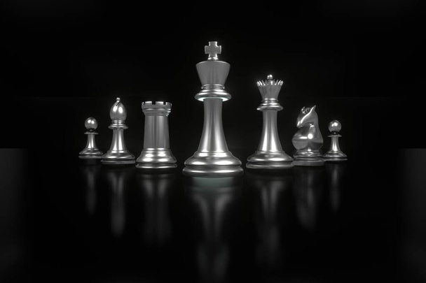 Satranç şah mat konsepti 3D çizimi gümüş metalik satranç figürleri büyük ve küçük parçaları siyah arka planda izole edilmiş. Yüksek çözünürlüklü 3B görüntüleme - Fotoğraf, Görsel