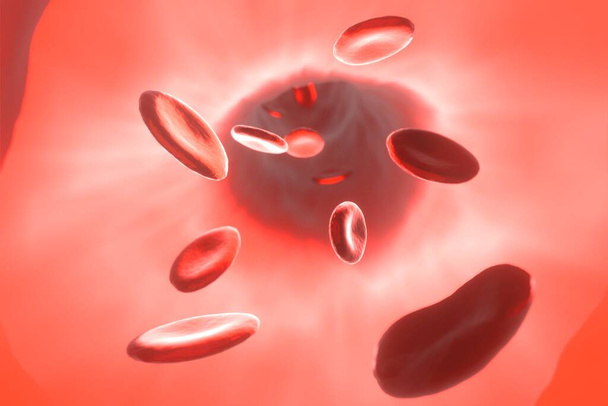 科学3Dレンダリングイラスト。人間の赤血球は細胞の酸素を運ぶ。生物学的汚染された血液、科学医療、微生物学の概念 - 写真・画像