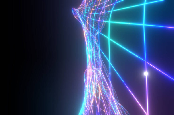 3d renderizado abstracto onda digital ciber superficie tecnología de fondo. Futurista ciencia ficción líneas de colores que brillan sobre el fondo negro. Blockchain y criptomoneda concepto de comercialización sin efectivo
. - Foto, Imagen