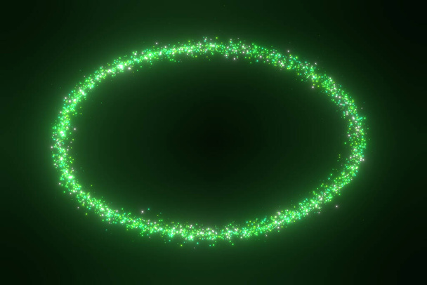 3Dレンダリング図円の明るい光黒の背景に輝く粒子と未来的なSFキラキラ星の塵。3D画像。高解像度広告バナー - 写真・画像