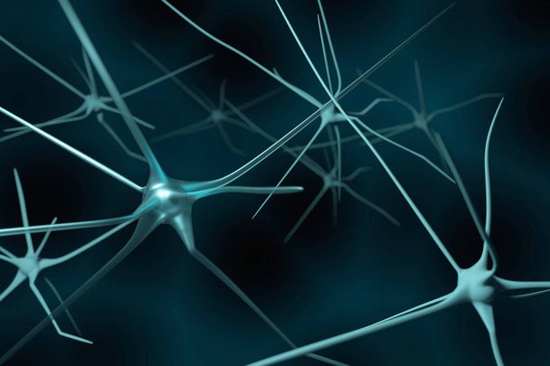 Abstrakte Neuronenzellen Anatomie Gehirn Vernetztes menschliches Konzept. Künstliche neuronale Netzwerktechnologie Wissenschaft Medizin. Illustration 3D-Rendering Biologie-System. Hohe Auflösung. - Foto, Bild