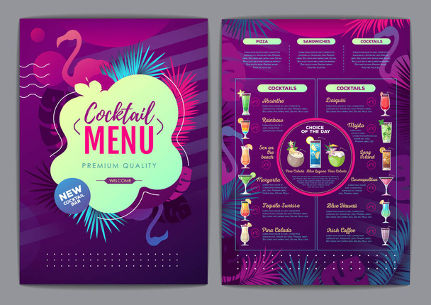 Restaurant summer tropical gradient cocktail menu design with fluorescent tropic leaves and flamingo. - Vector, Image