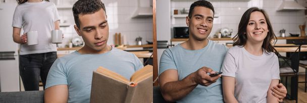 collage van gemengde ras man lezen boek in de buurt van meisje met koppen koffie en gelukkig interraciale paar kijken film thuis - Foto, afbeelding