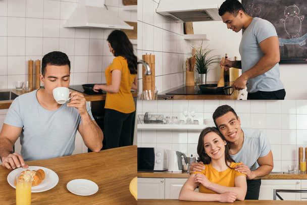 κολάζ του άνδρα μικτή φυλή πίνοντας καφέ, το μαγείρεμα, ενώ αγγίζετε τηγάνι και αγκαλιάζει ευτυχισμένη γυναίκα στο σπίτι - Φωτογραφία, εικόνα