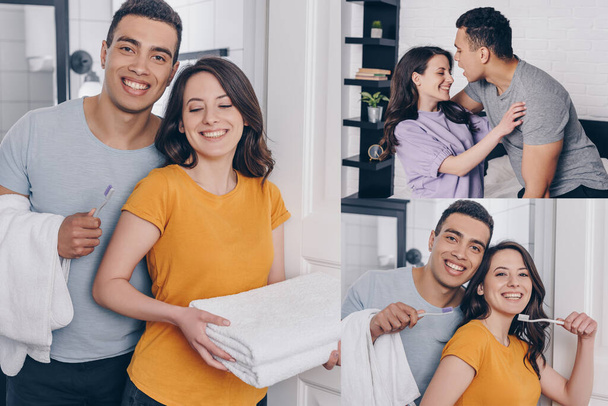 Collage eines fröhlichen multiethnischen Paares mit Handtüchern und Zahnbürsten im Badezimmer  - Foto, Bild