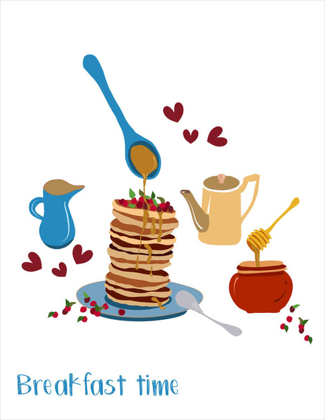 Breakfast menu with homemade pancakes, cranberries and honey. Stack fritters, cute wooden honey dipper and milk jug hand drawn vector illustration. Tasty sweet dessert poster for cafe menu.  - Vector, afbeelding