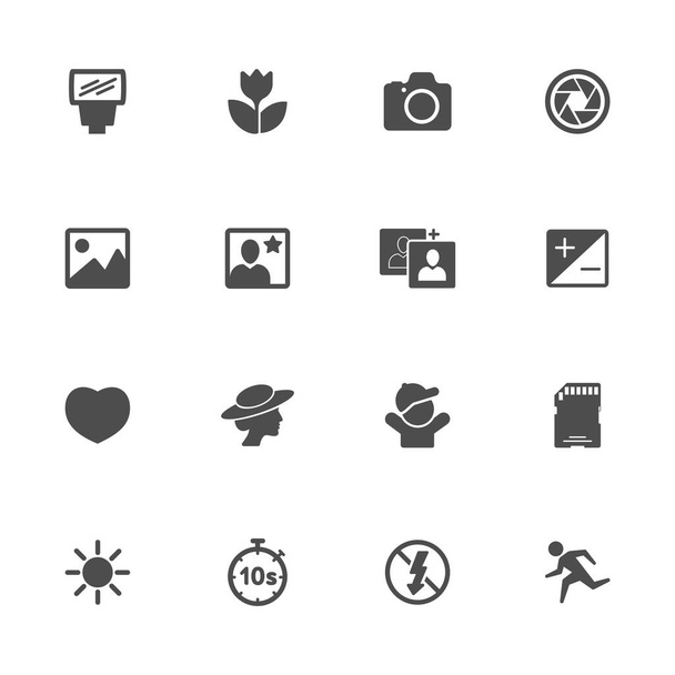 Camera function flat icons in gray. Set of 16 pieces. - Vector, Image