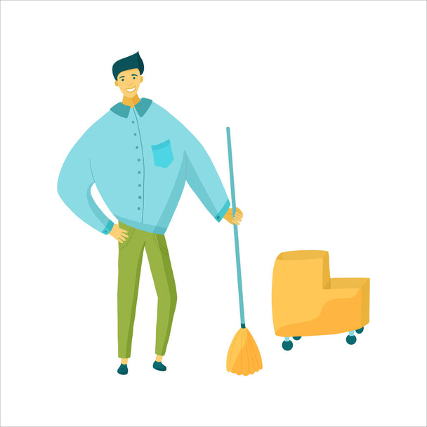 Siivouspalvelutyöntekijä mopilla ja talonmiehellä
 - Vektori, kuva