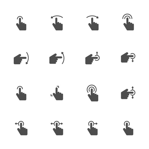 Gesten auf dem Touchpad, flache Symbole auf dem Touchscreen in grau. Satz von 16 Stück. - Vektor, Bild